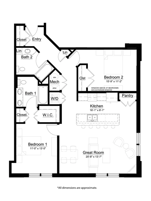 Floor plan for 2 beds, 2 baths, 1245 sqft